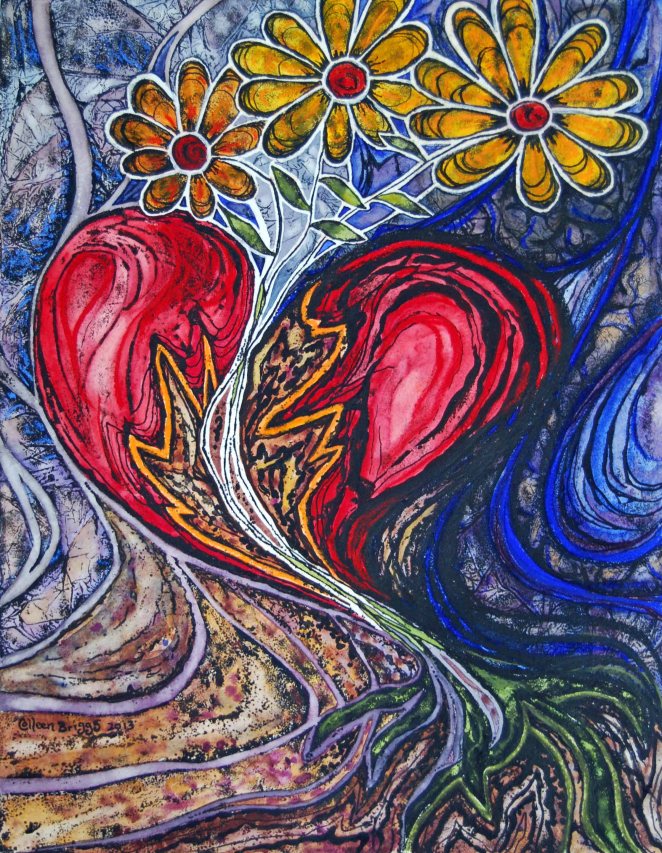 Healing; 2013; 12 1/2″ x 16″; mixed media: collagraph, ink, pastel, watercolor.