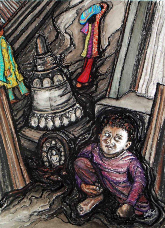 Orphans in Nepal, 2012, 21" x 29", charcoal, pastel, watercolor