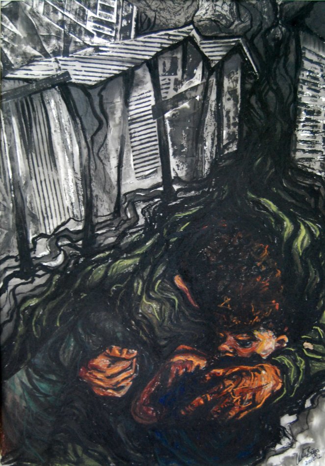 Rescue; 2012; 19" x 27"; mixed media: collagraph, ink, pastel, charcoal.
