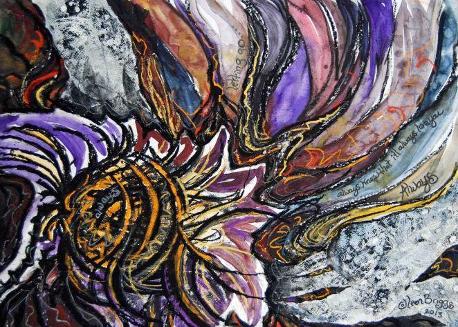 Always; 2013; 20" x 14 1/2"; mixed media: collage using ink, watercolor, pencil, charcoal and pastel.