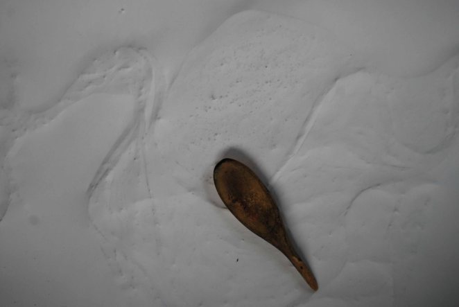 In the absence of a printing press (my studio is our over-size laundry room & I can't quite fit one in amongst the dirty clothes and machines), I used one of my favorite possessions, an old wooden spoon I've owned for a couple decades, to apply pressure and transfer the ink from the collagraph board to my paper.