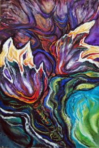 ORIGINAL: Offering; 2013; 14.5" x 22.5"; mixed media collage: watercolor, graphite, charcoal, pastel. DIGITAL PRINT: 7.5" x 11" (featured in "Print Shop" for $15)