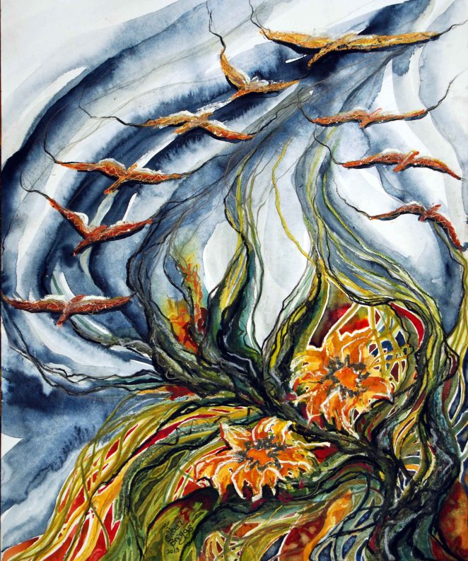 Sojourn (study); 2013; 12" x 14.5"; mixed media: pastel, oil pastel, charcoal, pencil, watercolor.