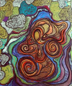 See You/Job 42:5 (study 1); 2012; 19.5" x 23"; mixed media: linocut print, watercolor, pastel, ink.