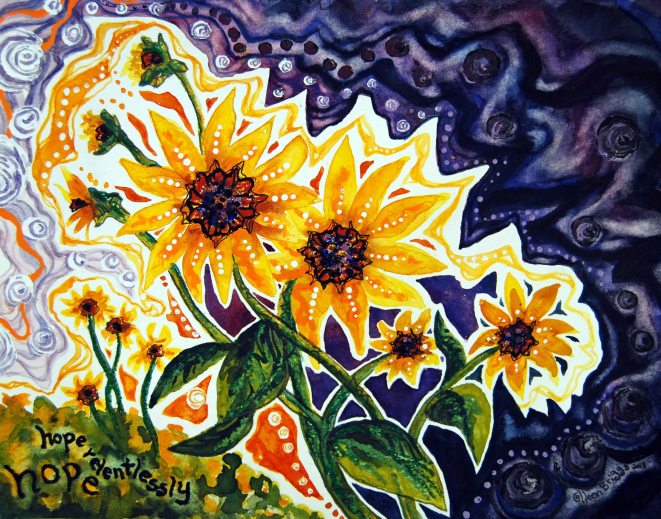 Hope Relentlessly; 2013; mixed media: watercolor, pastel, acrylic; commissioned by friends of a family waiting for an adopted child's homecoming from Ethiopia.