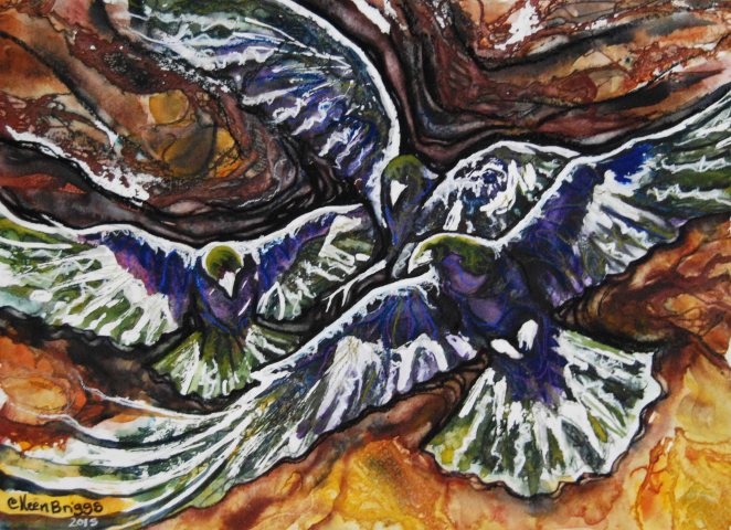 Elijah's birds, study; 2015;  14.5" x 10.5"; watercolor and pastel. Colleen Briggs.