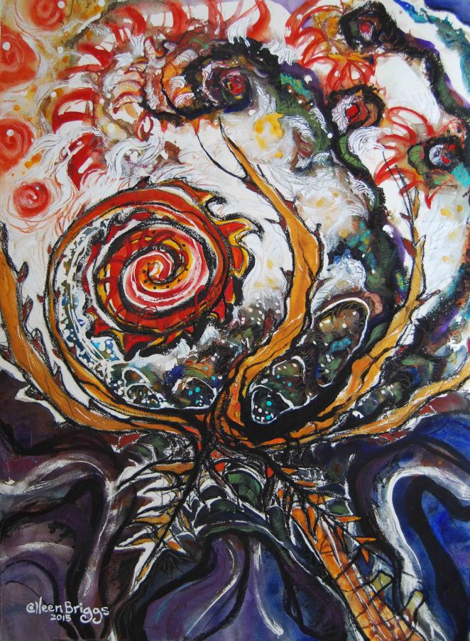 Sparks; 2015; 21.25" x 29.25"; mixed media: watercolor, acrylic, ink, pastel.