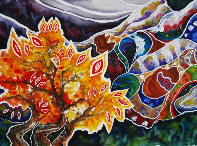Burning Bush; 2015; 22" x 30"; in honor of the Kenyan Christians who died on April 2, 2015; watercolor.