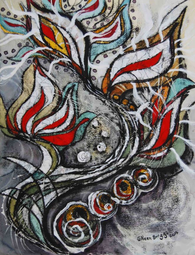 Battle Cry 1, inspired by A Beautiful Exchange by Megan Nilsen; 2015; 15" x 19.5"; mixed media: oil-based printing ink, watercolor, acrylic.