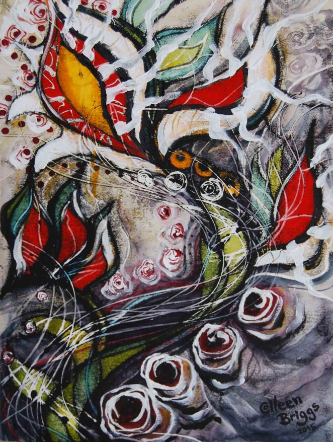 Battle Cry 2, inspired by A Beautiful Exchange by Megan Nilsen; 2015; 15" x 19.5"; mixed media: oil-based printing ink, watercolor, acrylic.